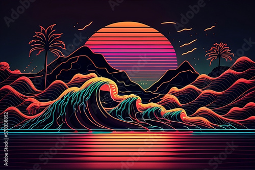 A neon illustration of a wave and mountains with the sun behind it with generative ai 