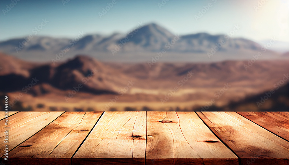 Empty wood table top with the mountain landscape. The blurred landscape of mountains background. For montage product display layout. Empty wood table top with the mountain landscape. The blurred landscape of mountains background. For montage product display layout.