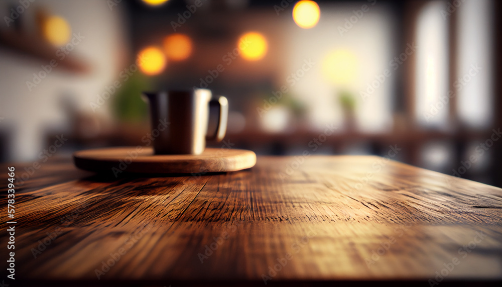 Empty wood table top with blurred bokeh cafe background. Can use this ...