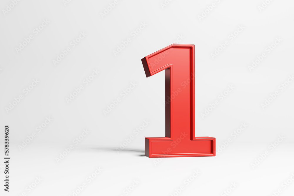 Red plastic toy block number 1 on white background. Illustration of the concept of the first place, uniqueness and winner Red plastic toy block number 1 on white background. Illustration of the concept of the first place, uniqueness and winner