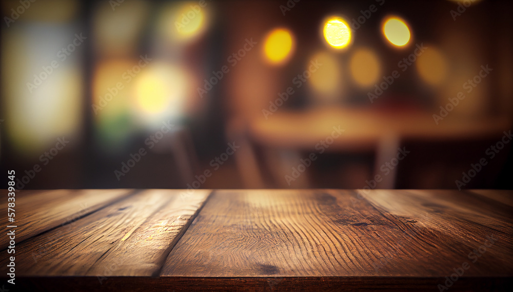 Empty wood table top with blurred bokeh restaurant background. Blurred restaurant interior background. Generative AI.