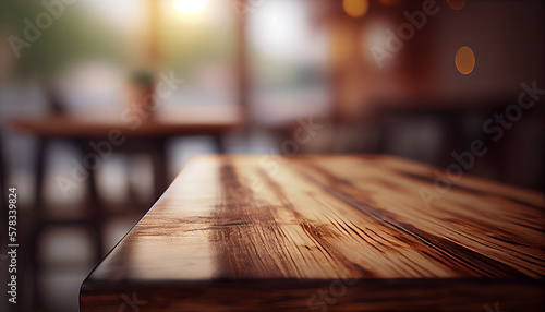 Empty wood table top with blurred bokeh restaurant background. Blurred restaurant interior background. Generative AI.