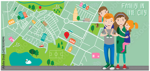 Cute map vector. Happy people, family with children, cute animals, birds, river, road, cars and park. Abstract road map. Map cartoon illustration with traffic