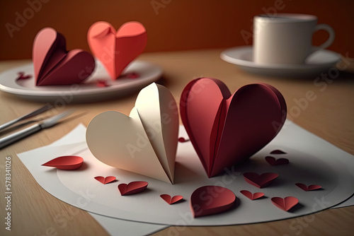 Red and White paper hearts on the table next to the cup