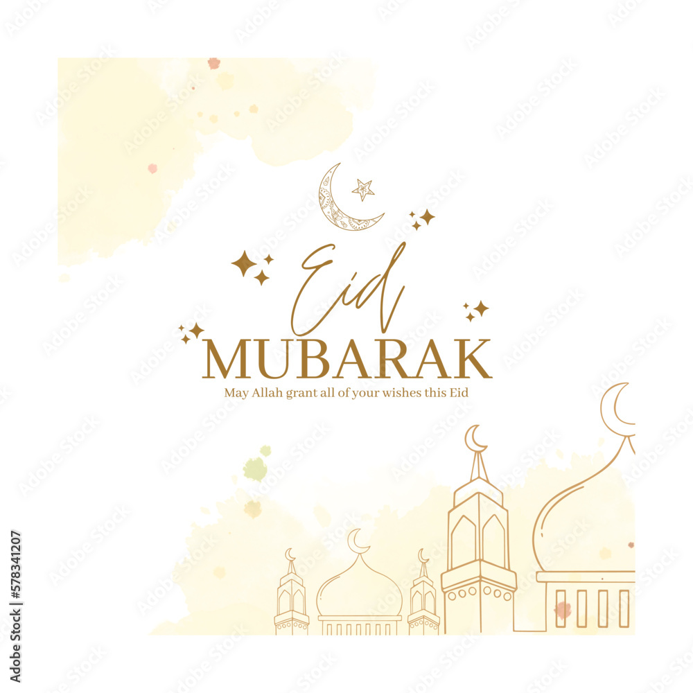 Eid Mubarak greetings card, Islamic light design with moon and stars in the background vector illustration art.