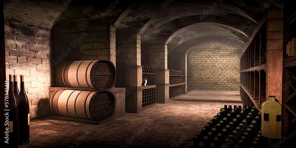 A dusty wine cellar filled with bottles resting upon shelves was revealed - generative ai.