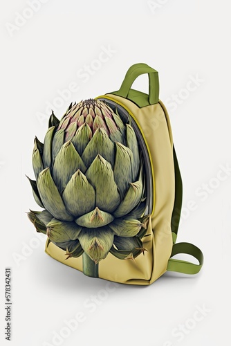 Daypack with green artichoke vegetable design. Shoulder bag, backpack, small bag, elegant unusial female or teenager leather daypack, AI generative. photo