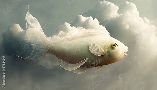 Vision of large magestic fish flying in the sky with clouds, AI generative photo
