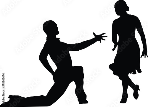male dancer is on one knee in front of his female partner, black silhouette on white background, vector illustration