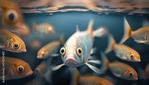 Sad scared little fish in group of others. Concept AI generative illustration of school or workplace bullying