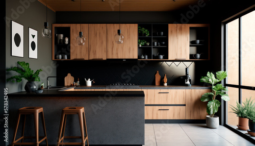 Modern and minimalist kitchen with wooden cabinets and black concrete countertops, generative ai