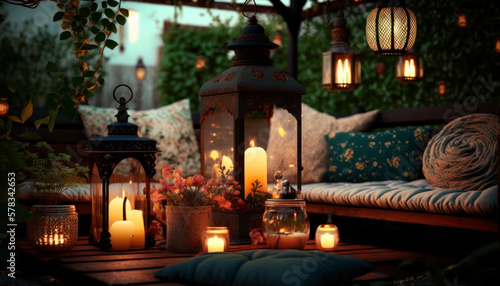 trendy furniture with lanterns and candles in the garden, relaxation area in the backyard with sofas and cushions, generative ai