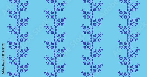 Ukrainian vector seamless fashion pattern, ornament, border. Decoration in blue cornflower, bluet, bluebottle color. Ukrainian fashion pattern. Pixel art, vyshyvanka, cross stitch