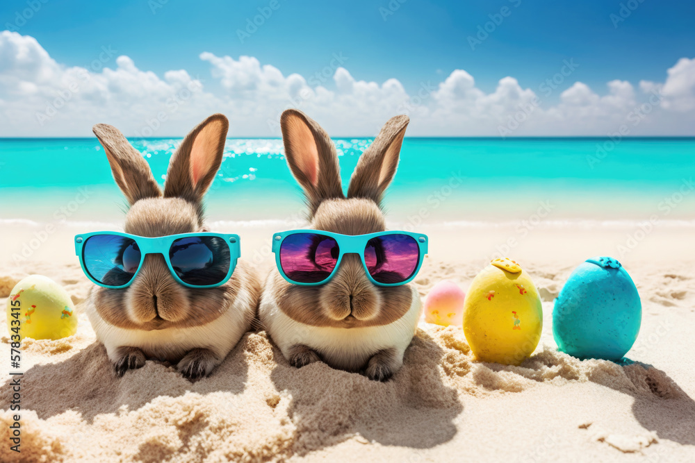 Easter bunnies celebrate with colorful Easter eggs on a sand beach. Travel holidays. Generative AI - obrazy, fototapety, plakaty 