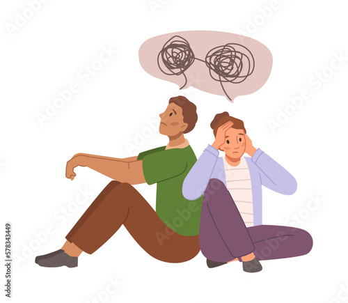 Couple with mixed feelings and thoughts, anxious and overthinking. Psychological problems and figuring out emotions, therapy for pair. Vector in flat style