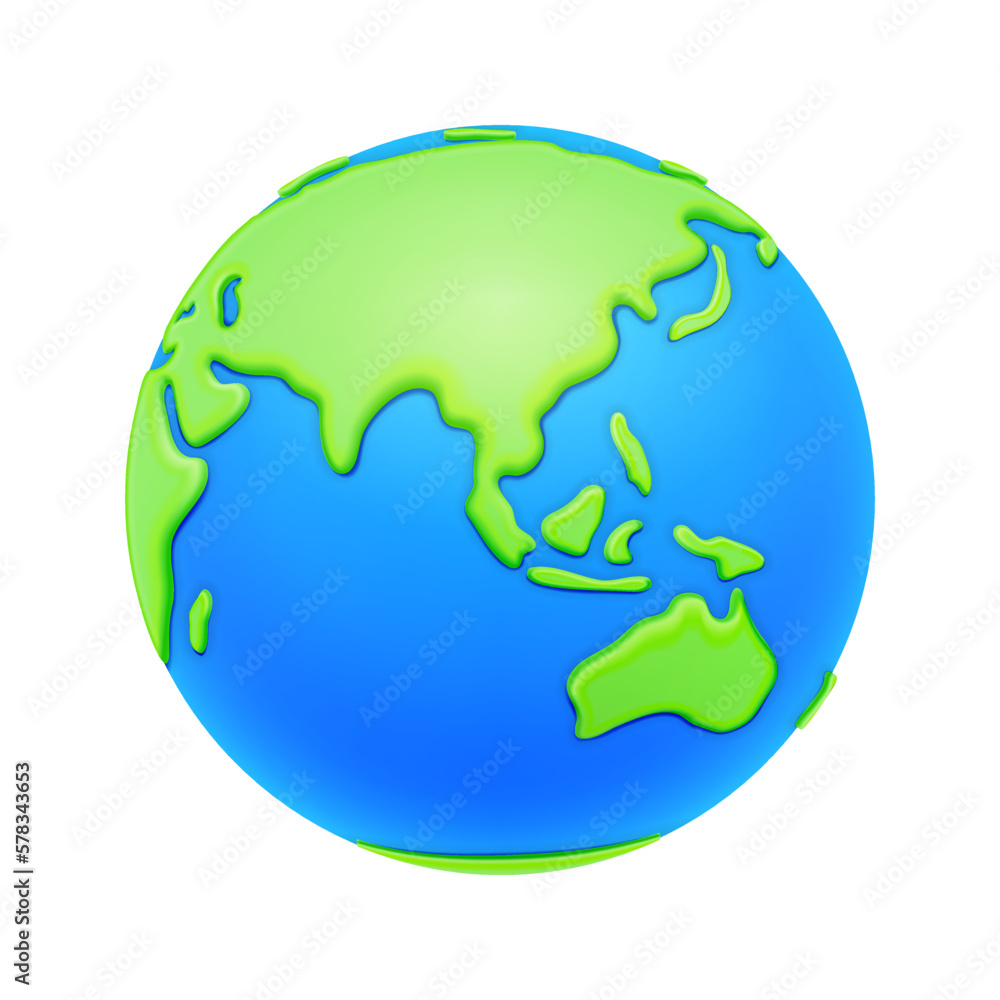 World map with continents and water mass. Isolated icon of globe with lands and oceans. Geography and cartography navigation. 3d style vector illustration World map with continents and water mass. Isolated icon of globe with lands and oceans. Geography and cartography navigation. 3d style vector illustration