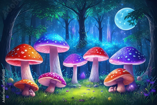 Magic mushrooms growing in a mythical dark forest on a moonlit night. Generative AI.