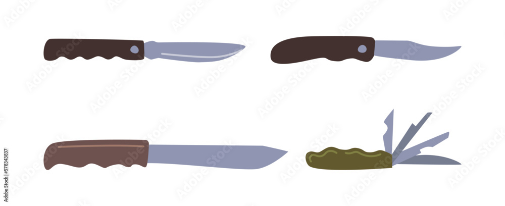 Hand knives for every day or special usage. Isolated military equipment, weapon with sharp blade and razor, attacking. Flat cartoon, vector illustration Hand knives for every day or special usage. Isolated military equipment, weapon with sharp blade and razor, attacking. Flat cartoon, vector illustration