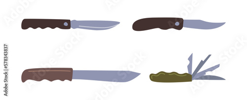 Hand knives for every day or special usage. Isolated military equipment, weapon with sharp blade and razor, attacking. Flat cartoon, vector illustration