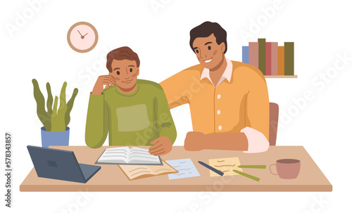 Father helping son to complete homework. Dad with kid reading and writing down solution to problem. Education and studying. Flat cartoon, vector illustration