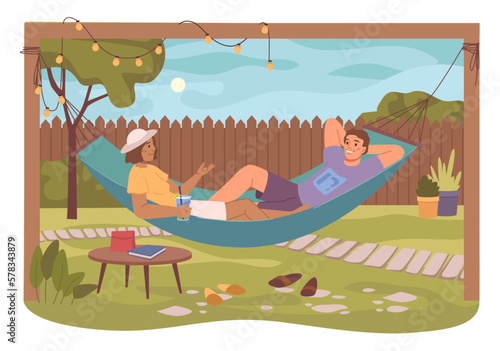 Couple lying in hammock, drinking cocktails and talking. Garden or backyard furniture, spending weekends at home. Flat cartoon character, vector illustration