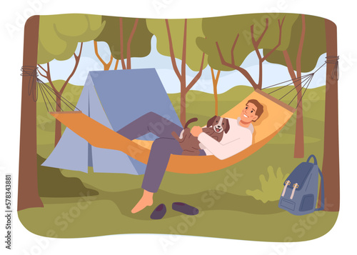 Male personage lying in hammock with pet domestic dog. Camping in forest and enjoying nature. Tent and backpack. Flat cartoon character, vector illustration