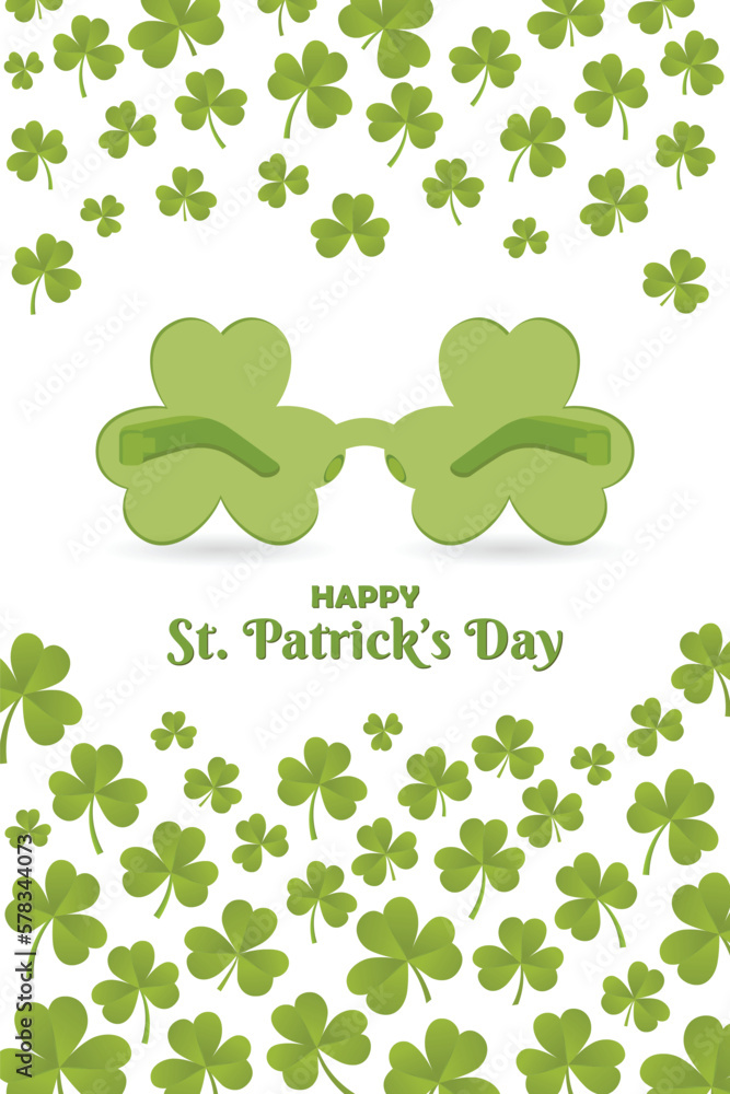 Happy St. Patricks Day Vertical Background Banner. Unique 90s theme throwback funky party sunglasses vector illustration. Realistic Shamrock leaves pattern. Website header Promotion Graphic resource Happy St. Patricks Day Vertical Background Banner. Unique 90s theme throwback funky party sunglasses vector illustration. Realistic Shamrock leaves pattern. Website header Promotion Graphic resource
