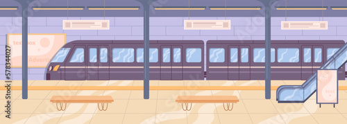 Railway station or metro, empty interior with benches to sit and wait. Train transportation and traveling, speedy commuting. Flat cartoon, vector illustration