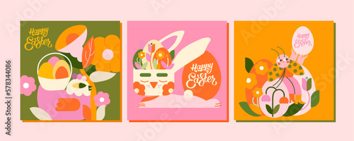 3 Illustrations for a happy Easter day in warm, spring colors. A chicken, a ladybug, a bunny and many Easter eggs. Great for greetings, cards and more