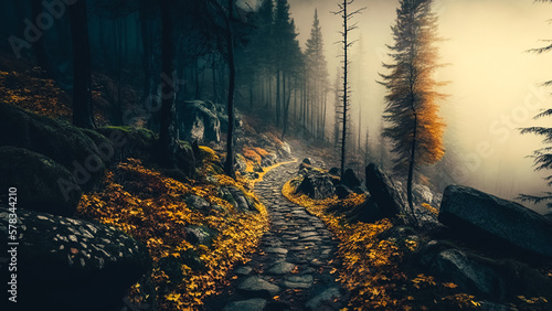 Beautiful landscape of the autumn forest in the mountains. Stony path in foggy forest leading to the top of the mountain