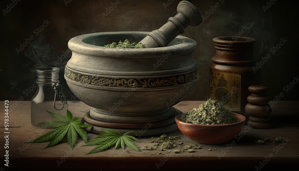 Still life with a mortar and pestle and cannabis plants on a dark background. Alternative legal medicine. Generartive AI Still life with a mortar and pestle and cannabis plants on a dark background. Alternative legal medicine. Generartive AI