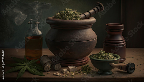 Still life with a mortar and pestle and cannabis plants on a dark background. Alternative legal medicine. Generartive AI