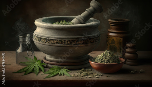 Still life with a mortar and pestle and cannabis plants on a dark background. Alternative legal medicine. Generartive AI