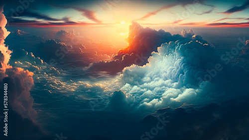 Clear blue sky above the clouds during sunrise. Dramatic cloudscape at dawn.