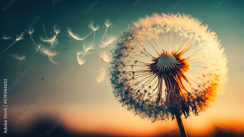 Dandelion with seeds blowing away in the wind across a clear blue sky background
