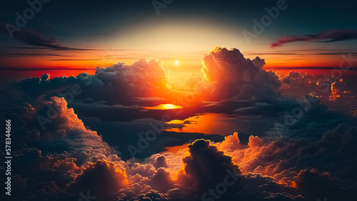 Dramatic sunrise sky above fluffy clouds early in the morning from aerial drone view