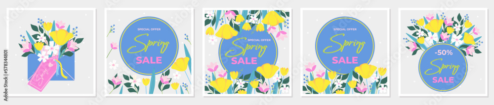 Up to 50% off Spring Sale banne template typography. Blue background with bright yellow spring flowers. Vector illustration