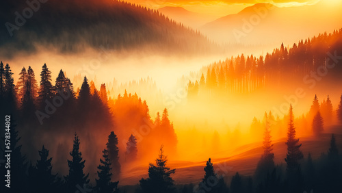Foggy mountain forest at sunrise. Beautiful landscape with morning mist over coniferous trees.