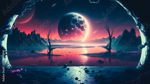 Futuristic fantasy landscape, sci - fi landscape with planet, neon light, cold planet. Galaxy, unknown planet © v.senkiv