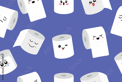 Seamless pattern with cute kawaii cartoon toilet paper rolls with faces. Vector 