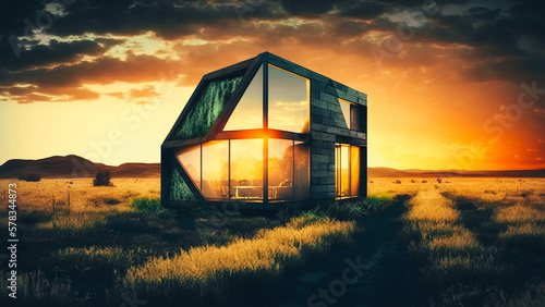 Green ecological house in empty field at sunset concept for construction and real estate © v.senkiv