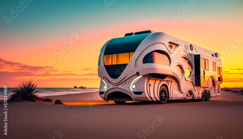 Motorhome high-tech with futuristic design, parked on desert, generative ai © art4all