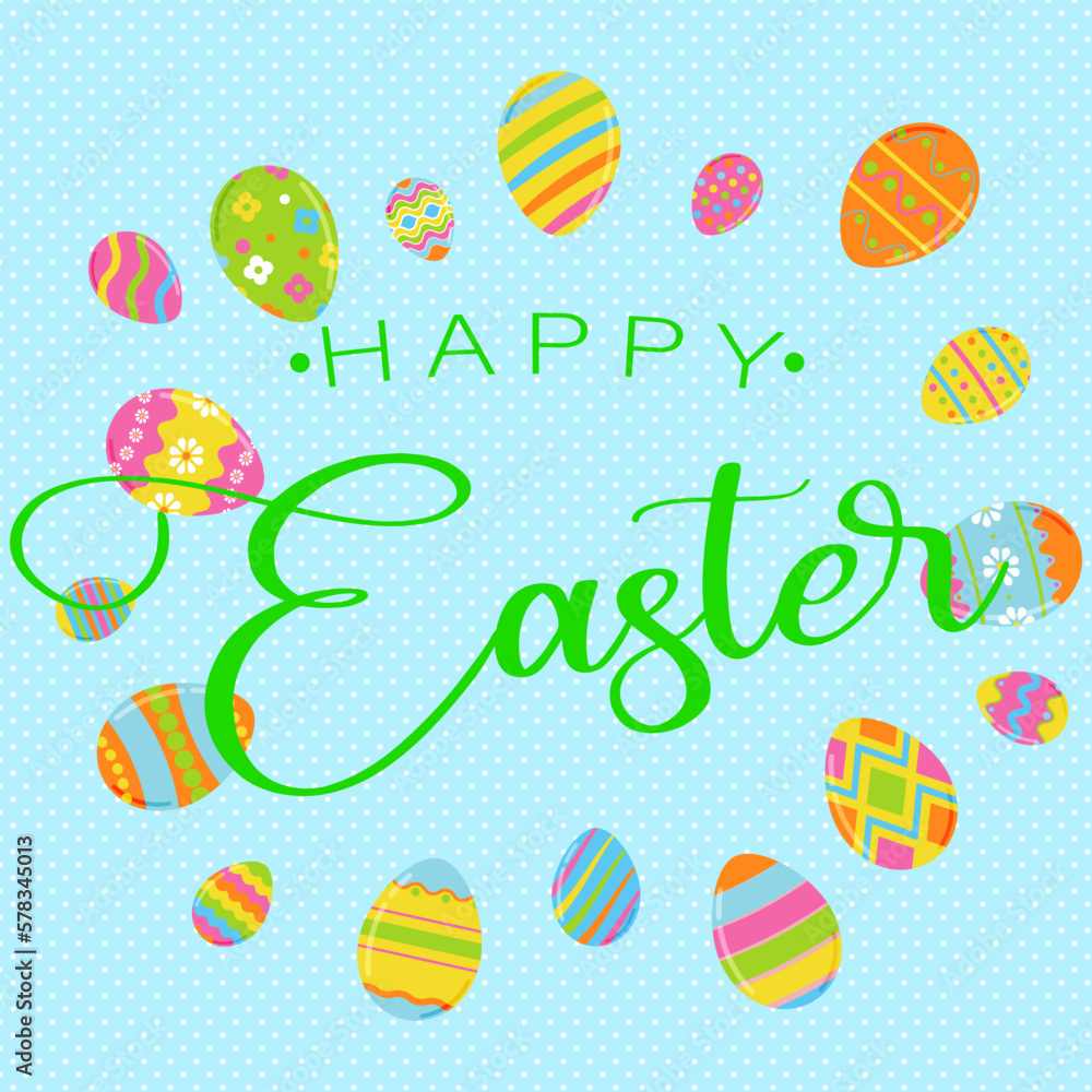 Easter background with Easter eggs. Template greeting card for Easter in flat lay style. Vector illustration.