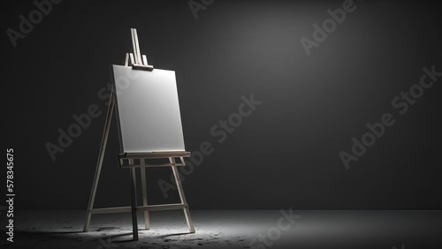 Artist easel with blank canvas at art gallery exhibition on dark background