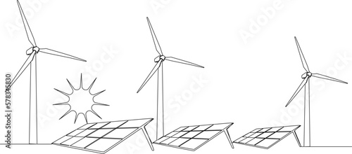 continuous single line drawing of solar energy and wind power concept, line art vector illustration