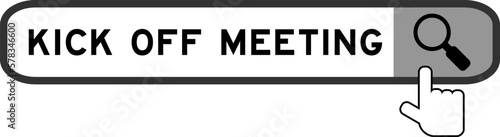 Search banner in word kick off meeting with hand over magnifier icon on white background