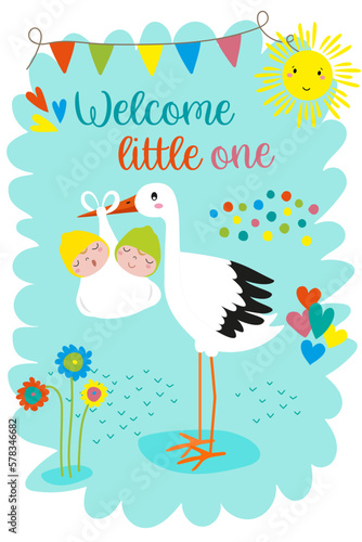 baby twins announcement card. baby shower. stork with baby. vector illustration. 