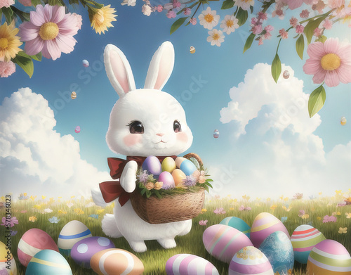 Cute white bunny with a wicker basket on a sunny meadow  Grass  flowers  Easter symbolism with Easter eggs  and Easter white Rabbit generative ai.