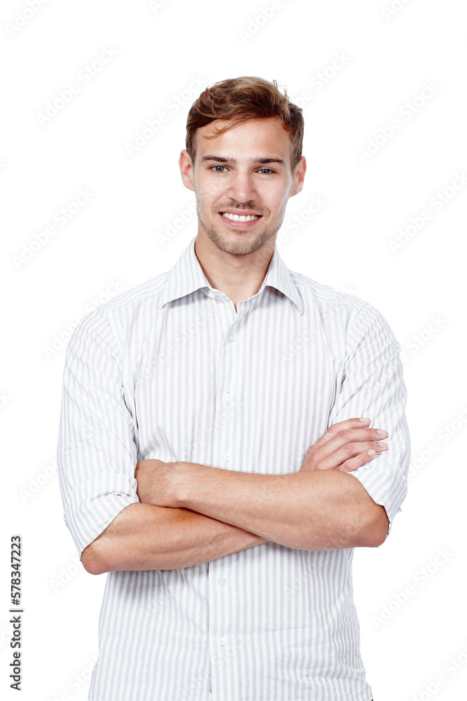Confident and charming. Studio portrait of a young man standing with his arms crossed against a white background. Confident and charming. Studio portrait of a young man standing with his arms crossed against a white background.