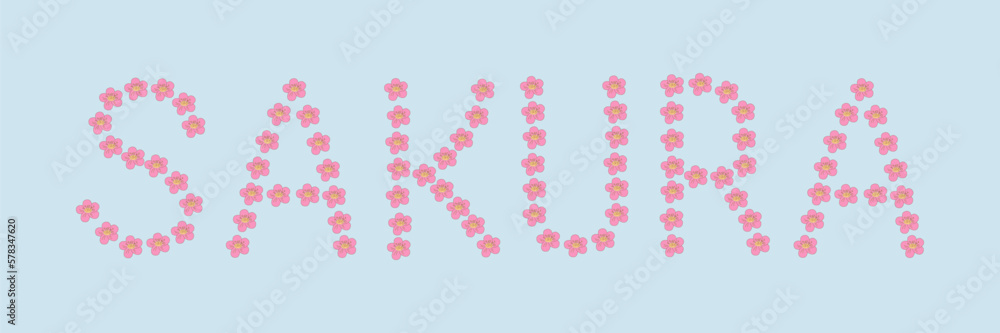 vector illustration inscription sakura in english from cherry tree flowers